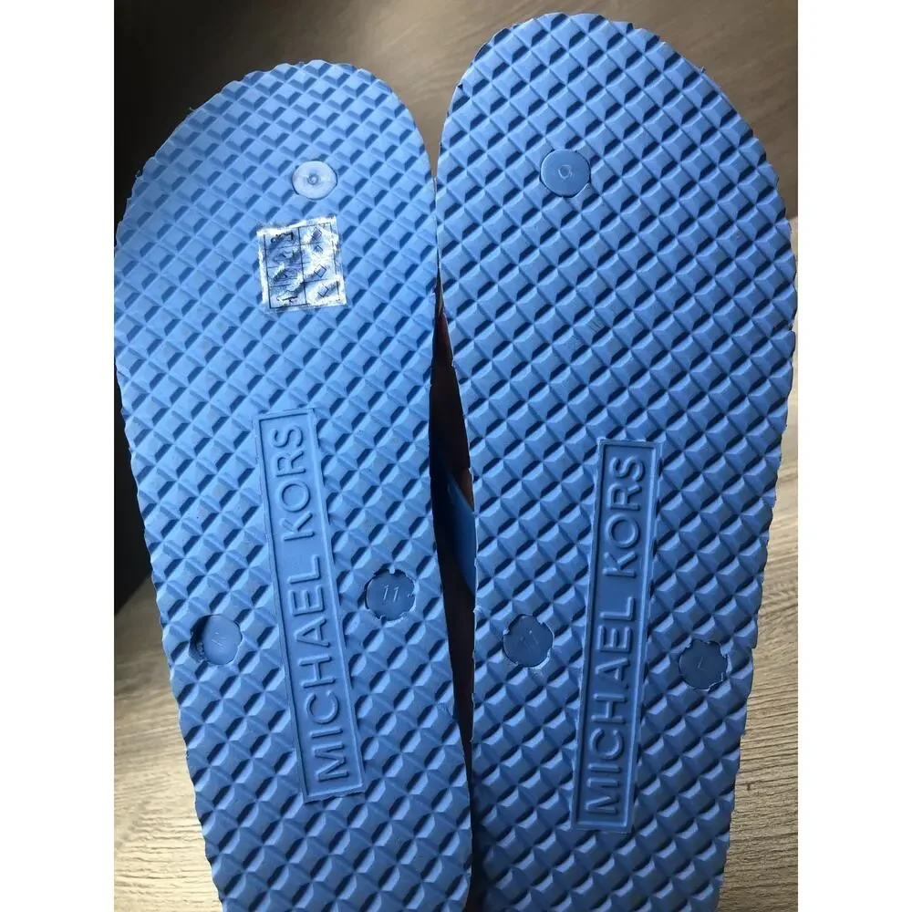 New MICHAEL KORS Women's 11 Blue / Silver Metal MK Charm Logo Flip Flops